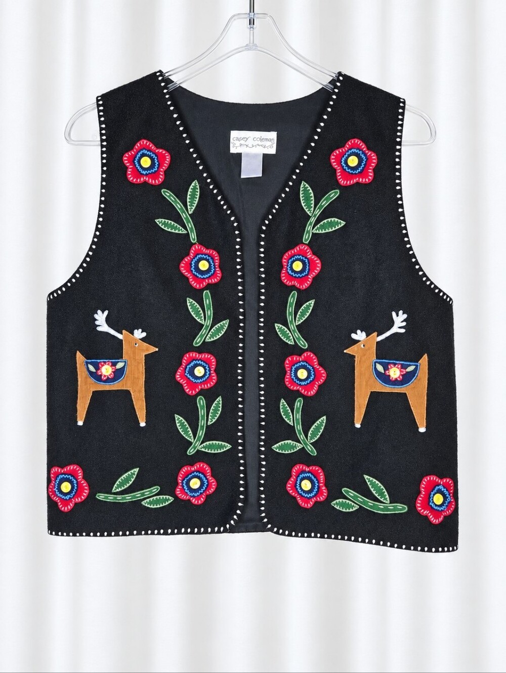 Casey Coleman 1990s Black Wool Blend Reindeer Applique Open Front Folk Art Vest